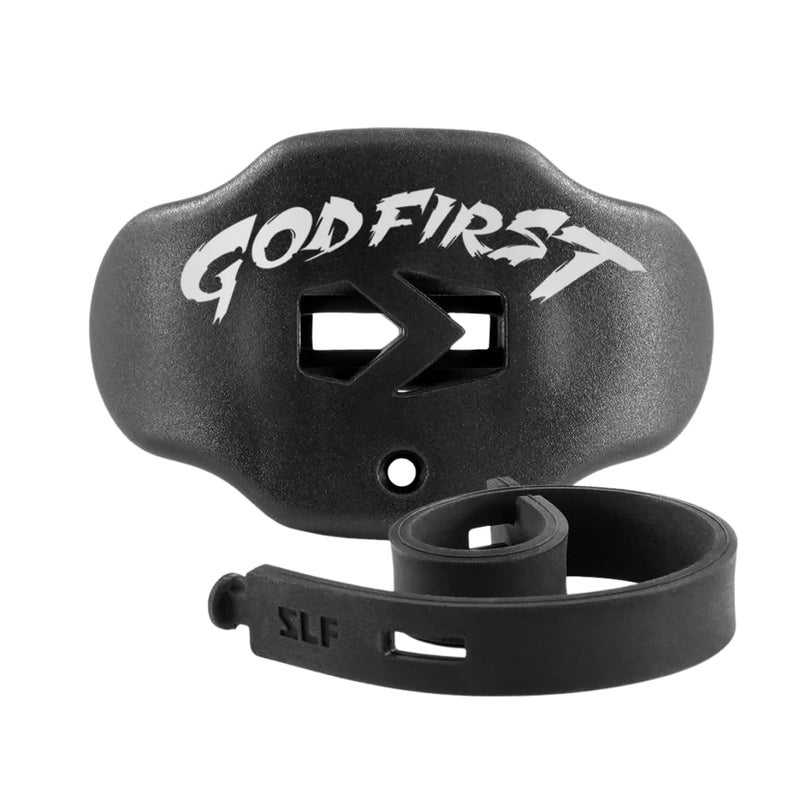 SLEEFS Football Mouth Guard - Youth Mouthguard with Strap - Lip/Teeth Protector Mouthpiece - No Boil - for Youth/Adults, Maximum Air Flow, for All Sports - God First in Black - Image 1